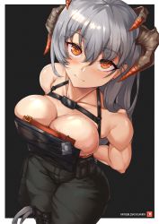 Rule 34 | 1girl, arknights, bare shoulders, black background, black gloves, black pants, blush, border, breasts, bulletproof vest, closed mouth, collarbone, commentary, cowboy shot, cuffs, dragon horns, ear piercing, english commentary, female focus, from above, gloves, grey hair, hair between eyes, hat, highres, horns, large breasts, long hair, looking at viewer, muscular, muscular female, no shirt, official alternate costume, orange eyes, pants, patreon logo, patreon username, peaked cap, piercing, bulletproof vest, saria (arknights), saria (the law) (arknights), solo, sweat, velminth, very long hair, white border