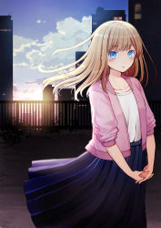 Rule 34 | 1girl, blue eyes, blue skirt, blue sky, blush, building, cityscape, cloud, cloudy sky, collarbone, commentary request, interlocked fingers, jacket, kurata rine, light brown hair, long hair, looking at viewer, open clothes, open jacket, original, outdoors, own hands together, parted lips, pink jacket, pleated skirt, railing, shirt, skirt, sky, skyscraper, solo, standing, sunset, white shirt