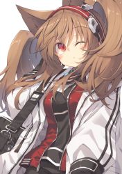 Rule 34 | 1girl, angelina (arknights), animal ears, arknights, bag, black bag, black choker, blush, brown hair, choker, commentary request, hairband, hand up, highres, jacket, long hair, long sleeves, one eye closed, red eyes, red hairband, satou kibi, shirt, shoulder bag, simple background, solo, twintails, white background, white jacket