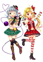 Rule 34 | 1girl, 2girls, adapted costume, ahoge, bad id, bad pixiv id, bare shoulders, black gloves, black thighhighs, blonde hair, blush, boots, bow, cnm, crop top, detached collar, detached sleeves, elbow gloves, flandre scarlet, gloves, green eyes, hair bow, hair ornament, hairclip, hat, heart, heart hands, heart of string, high heels, komeiji koishi, long hair, looking at viewer, microphone, midriff, multiple girls, navel, one eye closed, open mouth, red eyes, salute, shiny skin, side ponytail, silver hair, simple background, skirt, smile, striped clothes, striped thighhighs, thighhighs, third eye, touhou, translation request, white background, white gloves, wings, wink, wrist cuffs, zettai ryouiki