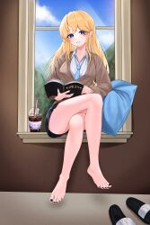 Rule 34 | 1girl, absurdres, bare legs, barefoot, blonde hair, blue eyes, blue necktie, blue sky, cardigan, commentary, cup, day, disposable cup, drinking straw, feet, grey cardigan, highres, indoors, long hair, looking at viewer, nail polish, necktie, nyanbutter, original, parted lips, sitting, sky, solo, thighs, toenail polish, toenails, toes, window