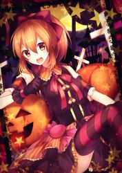 Rule 34 | 1girl, bad id, bad pixiv id, chocoan, cross, girlfriend (kari), halloween, halloween costume, highres, jack-o&#039;-lantern, looking at viewer, open mouth, orange eyes, orange hair, ribbon, ribbon-trimmed sleeves, ribbon trim, sakurai akane (girlfriend), star (symbol), striped clothes, striped thighhighs, thighhighs
