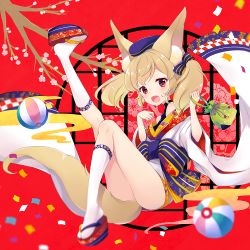 Rule 34 | 1girl, :d, animal ears, ass, ball, beachball, blonde hair, confetti, fang, flower, fox ears, fox tail, full body, geta, hair ribbon, hat, holding, japanese clothes, knee up, kneehighs, leg up, nanohana kohina, open mouth, original, platform clogs, red background, red eyes, ribbon, smile, socks, solo, tail, twintails, white socks, wide sleeves
