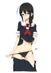 Rule 34 | 10s, 1girl, ahoge, black panties, black skirt, blush, braid, closed mouth, clothes lift, clothes pull, cowboy shot, frilled panties, frills, hair over shoulder, hair ribbon, hand up, hip focus, kantai collection, light smile, long hair, looking at viewer, navel, nose blush, panties, pleated skirt, rayvon, red ribbon, ribbon, shigure (kancolle), short sleeves, side-tie panties, side braid, sidelocks, simple background, skirt, skirt pull, solo, thighs, tress ribbon, underwear, white background