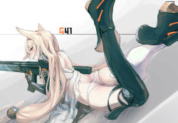 Rule 34 | 1girl, ass, bad id, bad tumblr id, bee (deadflow), blonde hair, blush, butt crack, character name, dutch angle, flat ass, from behind, g41 (girls&#039; frontline), girls&#039; frontline, gun, h&amp;k g41, hair bobbles, hair ornament, holding, holding gun, holding weapon, long hair, looking at viewer, looking back, lying, mechanical arms, on stomach, open mouth, panties, red eyes, rifle, sidelocks, single thighhigh, solo, thighhighs, thighs, tsurime, underwear, very long hair, weapon, white panties, white thighhighs