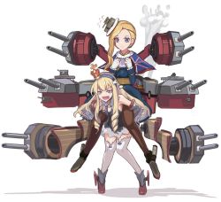 Rule 34 | 2girls, azur lane, black hairband, blonde hair, blue capelet, blue dress, blue eyes, bow, brown legwear, cannon, capelet, carrying, crown, dress, flying sweatdrops, full body, hair over shoulder, hairband, hat, hood (azur lane), knees together feet apart, long hair, looking at another, looking away, mini crown, multiple girls, open mouth, piggyback, queen elizabeth (azur lane), serious, short dress, smile, steam, striped clothes, striped hairband, thighhighs, tilted headwear, white bow, white headwear, white legwear, zettai ryouiki, zukanosuke
