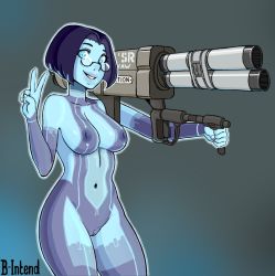 Rule 34 | 1girl, artificial intelligence, bintend9, blue eyes, blue hair, blue hologram, blue skin, breasts, colored skin, cortana, female focus, glasses, grey background, halo (game), halo (series), halo 2, hologram, nipples, nude, peace symbol, pussy, rocket launcher, smile, unsc, weapon