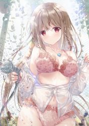 Rule 34 | 1girl, bra, braid, breasts, brown hair, cleavage, closed mouth, commentary request, crossed bangs, dress shirt, hair between eyes, hair ribbon, hanahanamaki, hanging plant, highres, holding, holding hose, hose, jewelry, leaf, long hair, looking at viewer, medium breasts, navel, necklace, panties, plant, red bra, red eyes, red panties, ribbon, shirt, smile, sousouman, standing, twinbox school, underwear, very long hair, vines, water drop, wet, wet clothes, wet shirt, white shirt