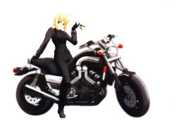 Rule 34 | 1girl, absurdres, ahoge, artoria pendragon (all), artoria pendragon (fate), blonde hair, detexted, fate/stay night, fate/tiger colosseum, fate/zero, fate (series), formal, green eyes, highres, key, motor vehicle, motorcycle, nagamori masato, necktie, pant suit, pants, saber (fate), saber lion, solo, suit, third-party edit, vehicle, yamaha