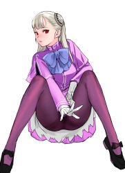 Rule 34 | 1girl, black footwear, blue ribbon, capcom fighting jam, censored, commentary request, gloves, grey hair, hairpods, highres, ingrid (capcom), jacket, long hair, mary janes, mosaic censoring, outstretched hand, pantyhose, purple jacket, purple skirt, red eyes, ribbon, shoes, skirt, solo, spread legs, tetsu (kimuchi), underskirt, white gloves