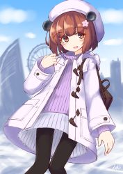 Rule 34 | 1girl, :d, absurdres, black pantyhose, blush, brown eyes, brown hair, coat, commentary request, day, feet out of frame, flower, hair flower, hair ornament, highres, ichi (ichi.colors), kantai collection, knees together feet apart, long sleeves, looking at viewer, open clothes, open coat, open mouth, outdoors, pantyhose, pink flower, pink sweater, pleated skirt, ribbed sweater, signature, skirt, sleeves past wrists, smile, solo, sweater, turtleneck, turtleneck sweater, white coat, white skirt, yukikaze (kancolle)