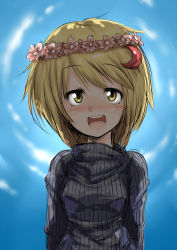 Rule 34 | 1girl, alternate costume, blonde hair, blush, contemporary, crescent, crescent moon, female focus, harusame (unmei no ikasumi), head wreath, highres, looking up, lunasa prismriver, moon, open mouth, short hair, smile, solo, sweater, touhou, turtleneck, upper body, yellow eyes