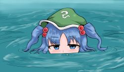 Rule 34 | 1girl, absurdres, bad id, bad pixiv id, blue eyes, blue hair, blush, bubble, blowing bubbles, gradient background, hair bobbles, hair ornament, hat, highres, kawashiro nitori, looking at viewer, matching hair/eyes, partially submerged, short hair, short twintails, solo, submerged, touhou, twintails, two side up, wading, water
