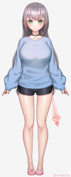 Rule 34 | 1girl, alternate costume, alternate hair length, alternate hairstyle, bad id, bad pixiv id, bare legs, black choker, black shorts, blue sweater, breasts, choker, full body, green eyes, highres, hololive, large breasts, long sleeves, looking at viewer, mace, parted lips, pink footwear, puffy long sleeves, puffy sleeves, shirogane noel, short shorts, shorts, side-tie shorts, side slit, silver hair, simple background, sleeves past wrists, slippers, solo, standing, sweater, tungsten (kwfr4544), virtual youtuber, weapon, white background