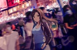 Rule 34 | 1girl, absurdres, blurry, blurry background, breasts, brown hair, cellphone, cleavage, highres, holding, holding phone, idolmaster, idolmaster cinderella girls, idolmaster cinderella girls starlight stage, jacket, large breasts, long hair, mukai takumi, open clothes, open jacket, open mouth, outdoors, phone, shangzi, shirt, smartphone, white shirt, yellow eyes