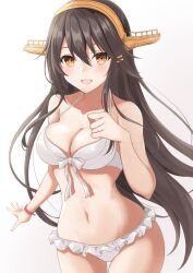 Rule 34 | 1girl, bare arms, bare legs, bare shoulders, bikini, black hair, blush, breasts, cleavage, collarbone, cowboy shot, gensoukitan, hair between eyes, hair ornament, hairband, hairclip, haruna (kancolle), haruna kai ni (kancolle), headgear, highres, jewelry, kantai collection, large breasts, long hair, navel, official alternate costume, open mouth, ring, simple background, smile, solo, swimsuit, wedding ring, white background, white bikini, yellow eyes