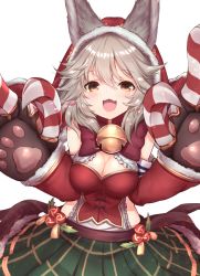 Rule 34 | 1girl, :3, :d, animal ears, animal hands, bell, blush, bow, breasts, brown eyes, claw (weapon), claws, cleavage, detached sleeves, ears through headwear, erune, fang, frills, fur trim, gloves, granblue fantasy, green skirt, hair between eyes, heart, hood, hood up, jingle bell, long sleeves, looking at viewer, medium breasts, open mouth, paw gloves, plaid, pleated skirt, red bow, sen (granblue fantasy), shirt, short hair, silver hair, simple background, skirt, smile, solo, topia, weapon, white background