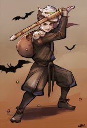 Rule 34 | 1boy, bat (animal), black hair, candy, child, fighting stance, food, genji (overwatch), halloween, halloween costume, japanese clothes, kimono, looking at viewer, mask, mask on head, overwatch, overwatch 1, sae (revirth), short hair, smile, sword, trick or treat, weapon, wooden sword, young genji