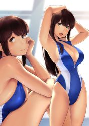 Rule 34 | 1girl, akagi (kancolle), arm support, armpits, arms behind head, arms up, bare shoulders, blue one-piece swimsuit, blush, breasts, brown eyes, brown hair, cleavage, closed mouth, front zipper swimsuit, highleg, highleg swimsuit, highres, indoors, kantai collection, large breasts, long hair, looking at viewer, meme attire, multiple views, one-piece swimsuit, open mouth, rei no pool, sidelocks, sitting, skindentation, smile, straight hair, swimsuit, thighs, wa (genryusui), zipper, zipper pull tab