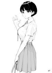 Rule 34 | 1girl, absurdres, breasts, closed mouth, commentary request, greyscale, hand up, highres, holding, looking at viewer, looking to the side, medium breasts, monochrome, necktie, original, pleated skirt, school uniform, short hair, short sleeves, signature, simple background, skirt, smile, solo, standing, takenoko no you, white background