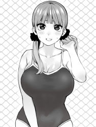 Rule 34 | 1girl, blunt bangs, blush, breasts, chain-link fence, cleavage, collarbone, embarrassed, fence, go-toubun no hanayome, greyscale, highres, holding, holding own hair, large breasts, looking at viewer, marimo 625, monochrome, nakano nino, nervous smile, raised eyebrows, school swimsuit, scrunchie, simple background, skindentation, smile, solo, sweatdrop, swimsuit, twintails, wide hips