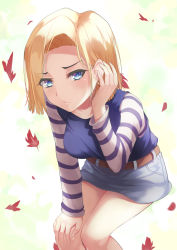 Rule 34 | 1girl, android 18, aoi (buzhuen444), arm up, autumn leaves, belt, blonde hair, blue eyes, blush, breasts, closed mouth, collarbone, denim, denim skirt, dragon ball, dragonball z, earrings, eyes visible through hair, hand on own knee, jewelry, leaning forward, long sleeves, looking at viewer, miniskirt, shirt, short hair, simple background, skirt, solo, striped clothes, striped shirt
