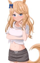 Rule 34 | 1girl, absurdres, animal ears, aparu, black shorts, blonde hair, blue bow, blue eyes, blush, bow, commentary request, cowboy shot, crop top, ear bow, gaze on me! outfit (umamusume), gold city (umamusume), hair bow, highres, horse ears, long hair, looking at viewer, midriff, navel, partial commentary, shirt, shirt bow, short shorts, short sleeves, shorts, simple background, solo, standing, stomach, tail, tied shirt, umamusume, white background, white bow, white shirt