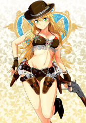 Rule 34 | 1girl, bare shoulders, belly, belt, bikini, bikini under clothes, blonde hair, blush, boots, bracelet, breasts, bullet, collarbone, cowboy boots, cowboy hat, cowboy western, cross-laced clothes, fingerless gloves, front-tie top, gloves, green eyes, gun, handgun, hat, holding, holster, hoshii miki, idolmaster, idolmaster (classic), jewelry, leg up, long hair, looking at viewer, navel, revolver, rifle, sheriff badge, shotgun, side-tie bikini bottom, simple background, smile, solo, spurs, swimsuit, swimsuit under clothes, tsurui, weapon