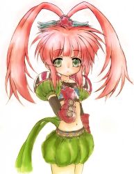 Rule 34 | 1girl, ahoge, bubble skirt, chelsea torn, colorized, gloves, green eyes, green skirt, hair ornament, hairpin, long hair, midriff, mutsukin, navel, pink hair, ponytail, shorts, sidelocks, simple background, skirt, solo, tales of (series), tales of destiny, twintails, white background
