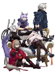 Rule 34 | animal ear fluff, animal ears, aosta (arknights), arknights, black capelet, black jacket, black nails, capelet, cigarette, dagger, fur-trimmed hood, fur trim, grey eyes, hair ornament, hairclip, highres, holding, holding cigarette, hood, jacket, knife, kuroda (nanchara flight), lappland (arknights), large tail, mask, mask around neck, material growth, nail polish, oripathy lesion (arknights), pantyhose, penguin logistics logo, projekt red (arknights), provence (arknights), red jacket, scar, scar across eye, scar on face, shoulder strap, strapless, tail, texas (arknights), tube top, weapon, wolf ears, wolf girl, wolf tail