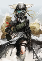 Rule 34 | 1girl, absurdres, animal ears, arknights, blonde hair, chuhaibane, commentary request, feet out of frame, fox ears, fox tail, goggles, green eyes, highres, holding, holding staff, id card, official alternate costume, scarf, solo, staff, standing, suzuran (arknights), suzuran (lostlands flowering) (arknights), tail