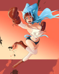 Rule 34 | 1girl, animal ears, arm up, bad id, bad pixiv id, bare shoulders, big hair, blue hair, boots, boxing gloves, breasts, capcom, cat ears, cleavage, cross-laced footwear, felicia (vampire), fur, gloves, jumping, large breasts, long hair, midriff, open mouth, outstretched arm, solo, tank top, thighhighs, ultra00, vampire (game), white thighhighs