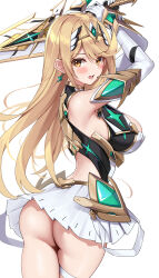 Rule 34 | 1girl, absurdres, ass, bare legs, bare shoulders, blonde hair, breasts, dress, earrings, elbow gloves, from behind, gloves, headpiece, highres, jewelry, large breasts, long hair, looking at viewer, matrix16, microdress, mythra (xenoblade), no panties, solo, swept bangs, tiara, very long hair, weapon, xenoblade chronicles (series), xenoblade chronicles 2, yellow eyes