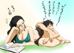 Rule 34 | 1boy, 1girl, aqua bikini, arm rest, arm support, bare arms, bare legs, bare shoulders, barefoot, bikini, black hair, black shorts, blue eyes, book, breasts, chikichiki (robitema), cleavage, couple, drooling, closed eyes, feet, friends, glasses, half-closed eyes, head rest, lap pillow, large breasts, legs, long hair, looking back, lying, midriff, monkey d. luffy, naughty face, navel, nico robin, on side, on stomach, one piece, open book, open mouth, reading, saliva, short hair, short shorts, shorts, sleeping, smile, swimsuit, translation request