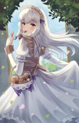 Rule 34 | 1girl, apron, basket, braid, commentary, cookie, doiparuni, dress, fire emblem, fire emblem: three houses, fire emblem heroes, food, food in mouth, frilled dress, frills, highres, holding, holding basket, holding cookie, holding food, juliet sleeves, lace trim, long hair, long sleeves, looking at viewer, lysithea von ordelia, lysithea von ordelia (tea party), maid, maid apron, maid headdress, nintendo, official alternate costume, official alternate hairstyle, puffy sleeves, purple eyes, solo, white dress, white hair