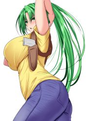 Rule 34 | 1girl, absurdres, alternate breast size, ar (lover boy), arched back, arm up, ass, breasts, commentary request, denim, green eyes, gun, handgun, highres, higurashi no naku koro ni, holster, holstered, huge breasts, jeans, long hair, looking at viewer, pants, parted lips, pistol, ponytail, solo, sonozaki mion, thighs, tsurime, very long hair, weapon