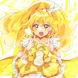 Rule 34 | 1girl, blonde hair, blush, bow, cure peace, double v, earrings, hair flaps, heart, highres, jewelry, kise yayoi, kotoha, magical girl, open mouth, precure, smile, smile precure!, solo, v, wide ponytail, yellow bow, yellow eyes, yellow theme