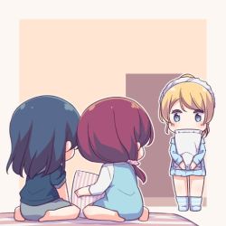Rule 34 | 3girls, ayasaka, ayase eli, barefoot, blonde hair, blue eyes, blue hair, blue legwear, blue nightgown, blue shirt, chibi, commentary request, covering own mouth, hair down, hair ornament, hair over shoulder, hair scrunchie, hairband, holding, holding pillow, in-franchise crossover, indoors, long hair, long sleeves, love live!, love live! school idol project, love live! sunshine!!, low-tied long hair, multiple girls, nightgown, outline, pillow, pink scrunchie, raglan sleeves, red hair, sakurauchi riko, scrunchie, shirt, short sleeves, sitting, socks, standing, striped clothes, striped legwear, striped socks, tsushima yoshiko, wariza, white hairband, white outline