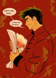 Rule 34 | 1boy, american dragon jake long, black eyes, black hair, black nails, bouquet, brush stroke, chinese clothes, chinese new year, clenched teeth, cropped torso, crying, crying with eyes open, english text, faux traditional media, flower, from side, highres, holding, holding bouquet, jacket, jake long, looking down, male focus, mandarin collar, nail polish, aged up, padeliciouss, red background, red jacket, sad, short hair, solo, speech bubble, spiked hair, tangzhuang, tears, teeth, twitter username