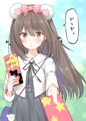 Rule 34 | 1girl, :o, animal ears, bad id, bad pixiv id, bag, bear ears, blue sky, blurry, blurry background, blush, bow, brown eyes, brown hair, collared shirt, day, depth of field, dress, fingernails, grey dress, hair between eyes, hair bow, holding, long hair, long sleeves, looking at viewer, original, outdoors, parted lips, pink bow, pleated dress, shirt, shoulder bag, sky, solo, star (symbol), translation request, very long hair, white shirt, yadapot
