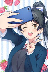 Rule 34 | 1girl, black hair, blazer, blue jacket, blush, bow, breasts, cellphone, collared shirt, commentary request, dress, food, fruit, grey dress, hair behind ear, hair bow, hazuki ren, high ponytail, highres, holding, holding phone, jacket, long hair, long sleeves, looking at phone, love live!, love live! superstar!!, medium breasts, neck ribbon, one eye closed, open clothes, open mouth, outstretched arm, phone, pinafore dress, ponytail, red ribbon, ribbon, school uniform, selfie, shirt, sleeveless, sleeveless dress, smartphone, smile, solo, strawberry, string tie, striped, striped background, taking picture, teeth, upper body, v, white shirt, yamada taishi, yellow eyes, yuigaoka school uniform