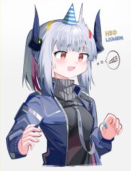 Rule 34 | 1girl, :d, ^^^, absurdres, arknights, black shirt, blue jacket, blush, breasts, brown eyes, character name, confetti, cropped torso, gradient background, grey background, grey hair, happy birthday, highres, horns, jacket, liskarm (arknights), long sleeves, medium breasts, multicolored hair, open clothes, open jacket, open mouth, ponytail, puffy long sleeves, puffy sleeves, purple hair, shirt, smile, solo, spam (spamham4506), sweat, turtleneck, two-tone hair, upper body