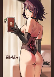 Rule 34 | 1girl, ass, bare shoulders, bed, black gloves, blurry, blurry background, breasts, brown hair, dirty ero, elbow gloves, fubuki (one-punch man), gloves, green eyes, highres, lingerie, one-punch man, pillow, saitama (one-punch man), selfie, solo, standing, teddy (lingerie), thong, twitter username, underwear