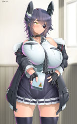 Rule 34 | 1girl, black gloves, black jacket, blush, breast pocket, breasts, checkered necktie, closed mouth, collar, collarbone, eyepatch, fur trim, gloves, headgear, highres, huge breasts, indoors, jacket, kantai collection, looking at viewer, medium hair, necktie, open clothes, open jacket, partially fingerless gloves, pleated skirt, pocket, purple hair, saizu nitou gunsou, skirt, solo, striped clothes, striped skirt, tenryuu (kancolle), tenryuu kai ni (kancolle), thighhighs, valentine, vest, white vest, yellow eyes