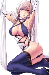 Rule 34 | 1girl, applekun, armpits, arms behind head, arms up, ass, blue eyes, blue one-piece swimsuit, blue thighhighs, blush, boots, breasts, cleavage, criss-cross halter, detached sleeves, eyebrows hidden by hair, fate/grand order, fate (series), hair down, halterneck, high heel boots, high heels, highleg, highleg swimsuit, highres, large breasts, long hair, looking at viewer, miyamoto musashi (fate), miyamoto musashi (fate/grand order), miyamoto musashi (swimsuit berserker) (fate), miyamoto musashi (swimsuit berserker) (third ascension) (fate), one-piece swimsuit, parted lips, pink hair, platform boots, platform footwear, simple background, solo, swept bangs, swimsuit, thigh boots, thighhighs, thighs, two-tone swimsuit, wedge heels, white background, white one-piece swimsuit, wide sleeves