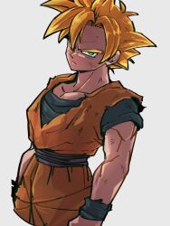 Rule 34 | 1boy, arms at sides, blonde hair, closed mouth, dougi, dragon ball, dragonball z, green eyes, grey background, kemachiku, looking at viewer, male focus, short hair, simple background, solo, son gohan, super saiyan