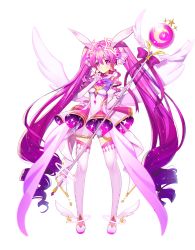 Rule 34 | 1girl, aisha landar, ankle wings, back bow, boots, bow, closed mouth, curly hair, dress, elbow gloves, elsword, full body, gloves, hair between eyes, hair ornament, highres, holding, holding staff, long hair, looking at viewer, magical girl, magonuri, metamorphy (elsword), purple bow, purple eyes, purple hair, simple background, smile, solo, staff, standing, star-shaped pupils, star (symbol), symbol-shaped pupils, thigh boots, thighhighs, twintails, v, white background, white bow, white footwear, white gloves, white wings, wings