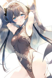 1girl armpits arms_up black_dress black_footwear black_hair blue_archive blush breasts butterfly_hair_ornament china_dress chinese_clothes coat commentary_request double_bun dragon_print dress grey_coat grey_eyes grey_halo hair_bun hair_ornament halo highres kisaki_(blue_archive) long_hair looking_at_viewer open_mouth pelvic_curtain print_dress simple_background sleeveless sleeveless_dress small_breasts solo squatting thighs twintails uu-tan_(hushigi10) white_background