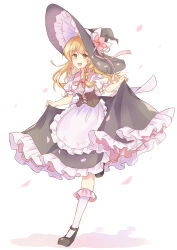 Rule 34 | 1girl, absurdres, adapted costume, ameria (artist), apron, black skirt, blonde hair, bow, braid, brown corset, commentary request, corset, earrings, falling petals, flower, flower earrings, hair bow, hat, hat bow, hat flower, highres, jewelry, kirisame marisa, leg up, long hair, mary janes, neck ribbon, open mouth, petals, pink bow, pink flower, pink petals, pink ribbon, ribbon, shoes, short sleeves, side braid, single braid, skirt, skirt hold, smile, solo, touhou, waist apron, white bow, witch hat, yellow eyes