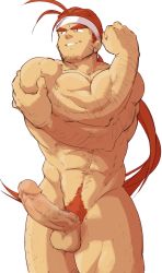 Rule 34 | 1boy, abs, bara, chest hair, completely nude, eoleo (golden sun), erection, golden sun, golden sun: dark dawn, hairy, headband, highres, large pectorals, long hair, male focus, male pubic hair, muscular, navel, nipples, nude, orange hair, orange pubic hair, pectorals, penis, piikeisandaa, ponytail, pubic hair, solo, stretching, thick thighs, thighs, third-party source, uncensored